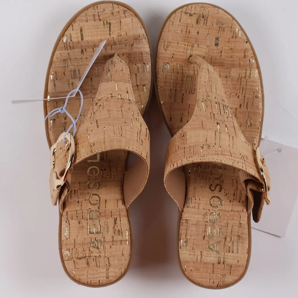 Aerosoles Wedge Sandals Izola Cork Gold Thong Size 6 Natural NWT